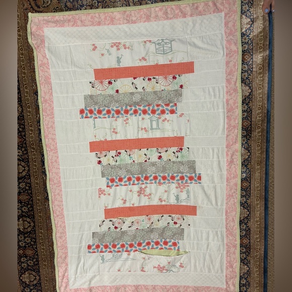 Other - GUC Modern handmade quilt in corals, pinks and greens. Nursery. Needs TLC repair